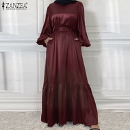 MOMONACO ZANZEA Muslimah Womens Muslim Satin Silky Puff Long Sleeve Elegant Plain  Evening Maxi Dress  Baju Raya#50