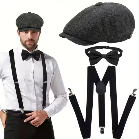 3pcs Roaring 1920s Costume Suit News Boy Hat, Bow Tie, Adjustable Suspenders Halloween Costumes for 