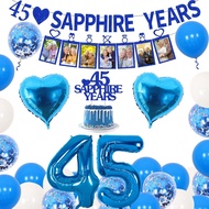45th Wedding Anniversary Decorations - Navy Blue 45 Sapphire Years Glitter Banner & Cake Topper, Hap