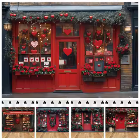 Valentine's Day Gifts Store Backdrop Red Rose Flowers Love Heart February 14th Decor Couple Photogra