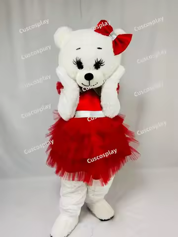 ChristmasCute Teddy White Bear Mascotte Red Dress Fancy Cartoon Mascot Costume Plush Fancy Dress