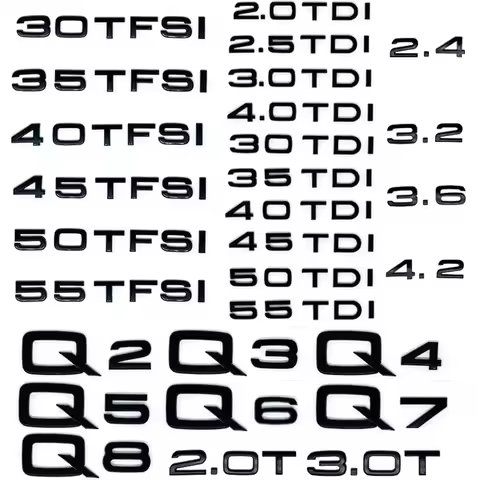 Black silver Letters Q2 Q3 Q4 Q5 Q6 Q7 Q8 30 35 40 45 50 55 TDI TFSI 2.0T Emblem For Audi Car Fender