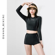 2001 ชุดว่ายน้ำ ทูพีช กางเกงขาสั้น แขนยาว เรียบร้อย เอวสูง ใส่ผอม ชุดว่ายน้ำเกาหลี สีดำ 2 พีช​ US Ro