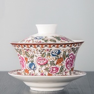 Classic China Gaiwan Tea Bowl Ethnic Style Gorgeous Flower Pattern Cup Saucer Lid Tea Set for Office