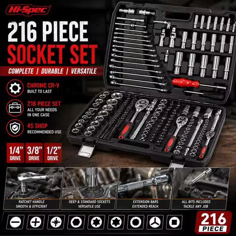 Hi-Spec 216PCS Mechanics Tool Set 1/4" 3/8" 1/2" Drive Socket Wrench Kit Ratchet Mixed Wrenches Auto