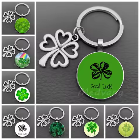 Four leaf clover keychain four leaf clover glass circular metal keychain men's and women's lucky jew