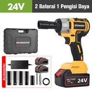 IRONHOOF Mesin Bor Impact Baterai 420N.M Bor Baterai 17mm Impact Wrench Brushless Impact Tool 24V