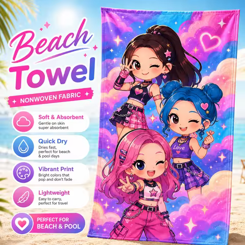 K-Pop Idol Girls Flat Print Beach Towel Pink Anime Chibi Pop Star Bath Towel Quick Dry for Kids Girl