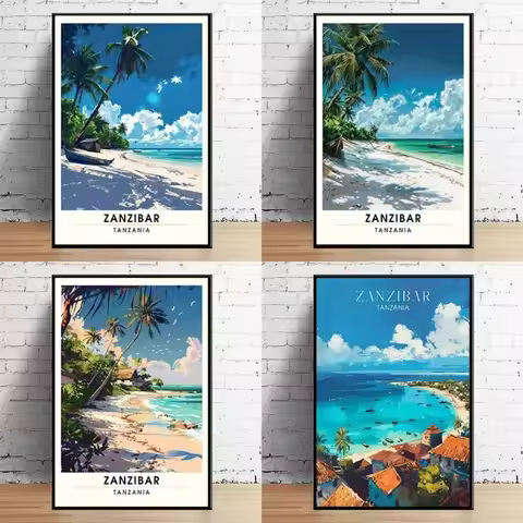Coconut Trees Sailboats White Sand Beach Zanzibar Travel Posters Canvas Painting Wall Art Pictures L