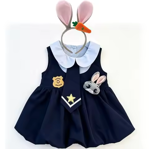 Toddler Cute Rabbit Dress Navy Peter Pan Collar Judy Decor Puff Bud Skirt Kids Cartoon Outfit for Bi