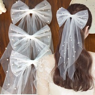 Wedding Veil Headpiece White Veil Head Clip Dress Hair Clip Pearl Bow Mesh Sheer Elegant Delicate
