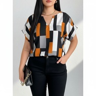 Lovito Women's Plus Size Curve Casual Colorblock Patchwork Blouse LNL81191