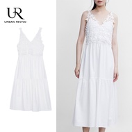 URBAN REVIVO Womens Cotton Dresses Summer 2024 Sweet lace design Spaghetti Strap V Neck white Dresses