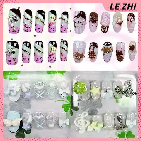 10Pcs Sweet Rabbit Rilakkuma Cat Handmade Ellipse Full Cover Nail Wings Star Pearls Musical Notes Co