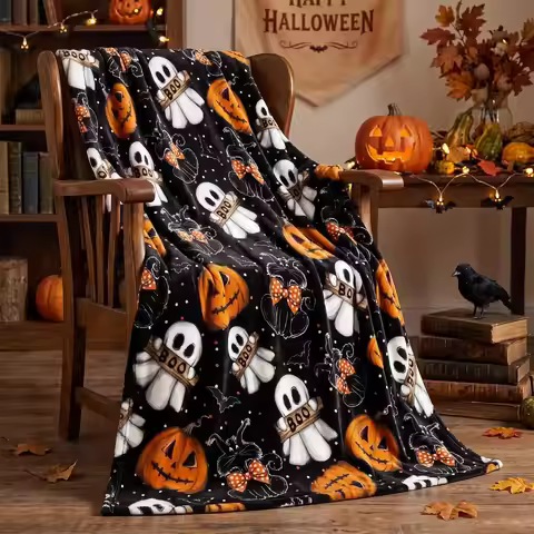 Horaldaily Halloween Black Pumpkin Ghost Cat Flannel Throw Blanket 50x60