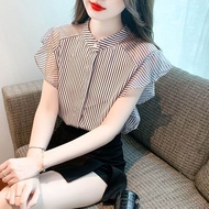 เสื้อเชิ้ตผ้าชีฟองแขนสั้นลายทางสไตล์ฝรั่งเศสสำหรับผู้หญิง ทรงเข้ารูป แขนพอง ทรงเข้ารูป แขนสั้น ทรงเข