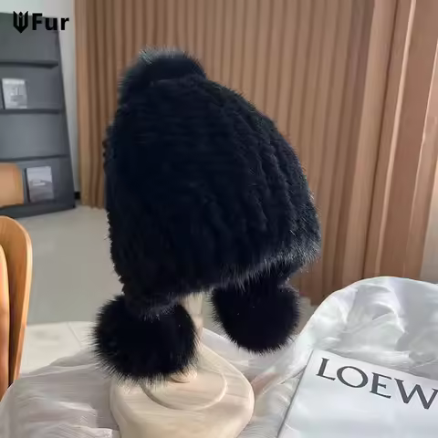 Fashion Winter Luxury Women Solid Knit Real Fur Bomber Hats Women Mink Fur Caps Fox Fur Earmuffs Hat