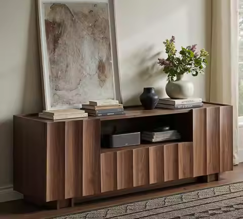 61" TV Stand for 70 Inch TV, Mid Century Modern TV Stand with Wave Design, Wood Grain Finish, Media 