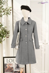 Áo măng tô nữ LAVENDER màu ghi chất dạ ép thiết kế cổ đức có túi thật MT4079