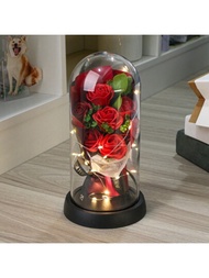 1入組逼真永生玫瑰花束桌面裝飾,銅線led燈套,情人節禮物,節日禮物,紅色