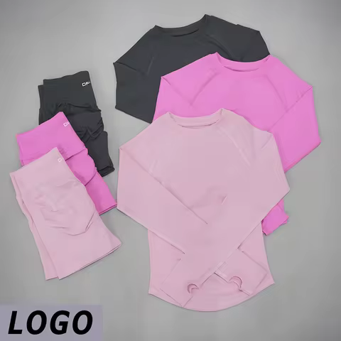 LOGO DF Women 2‑Piece Ribbed Seamless Knit Yoga Workout Set Long Sleeve Cropped Top Tummy Control El