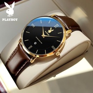 นาฬิกา Playboy (ประกัน 1 ปี) นาฬิกาข้อมือผู้ชาย แฟชั่น สายหนังของแท้ ส่องสว่าง นาฬิกากันน้ำ