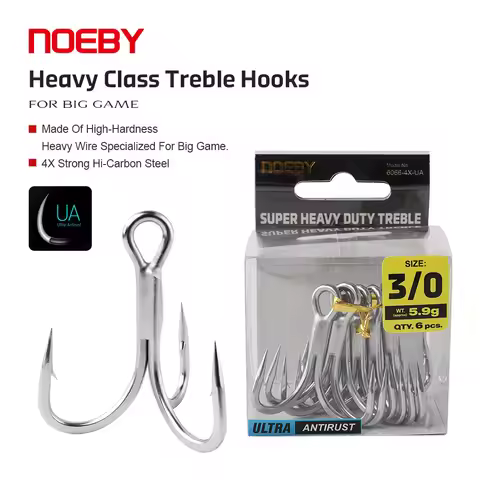 NOEBY Heavy Class Treble Hook 1/0 2/0 3/0 4/0 Big Game Fishing Tackle 6066 4X Hi Carbon Steel Antiru