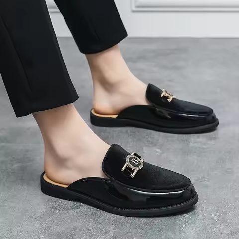 Fashion New Men's Black Half Slippers Driving Shoes Male Casual Mules Loafers Zapatos Hombre