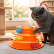 Three-Tier Cat Roller Toy with Colorful Balls, Safe Plastic Turntable for Kittens Mainan Guling Tiga