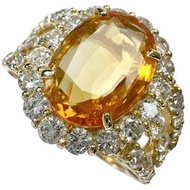 二手女戒指，12號，鑲嵌一顆3.43克拉橙黃色斯里蘭卡黃藍寶石和一顆1.59克拉鑽石，18k金鑲嵌，重6.1克。