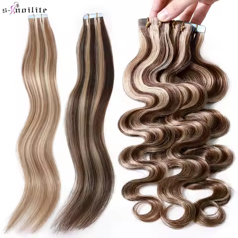 S-noilite 18"-22" 2.5g/pc Remy Tape In Human Hair Extension Wavy/Straight Hair Seamless Invisible Re