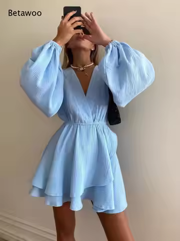 Women Deep V Puff Long Sleeve Elastic Waist Double Layer Ruffle Mini Dress Casual Holiday Outfit