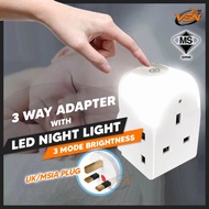 3 Way Multi Adaptor LED Night Light with Neon UK 3 Pin Plug Switch Socket Adapter Lampu Tidur Suis Soket