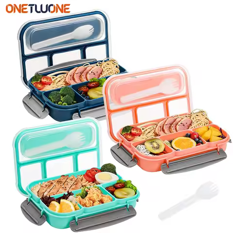 1 Pcs 1.3L (1300ml) Lunch Bento Box: 4-Compartment with Fork, Safe for Microwave/Dishwasher/Freezer 