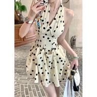 ฤดูร้อน V คอไหล่-baring ชีฟองแฟชั่น Polka Dot แขวนคอชุดผู้หญิง 2025 Polka Dot Mini Dress เอ็มไพร์เอว