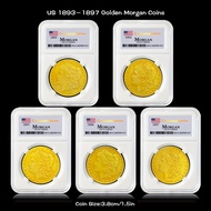 5pcs US 1893-1897 Golden Plated Boxed Set for Morgan Collection Commemorative Coins Lucky Challenge 