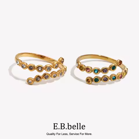 E.B.belle Cross Opening Rhinestone Ring Hypoallergenic 18K Gold Plated Ring 316L Stainless Steel Dec