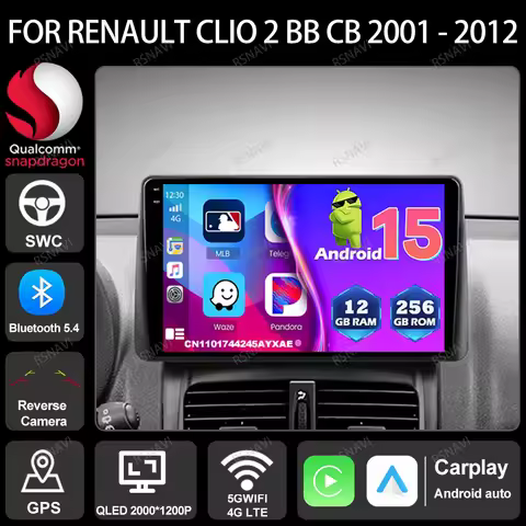 Car Radio Android 15 For Renault Clio 2 BB CB 2001 - 2012 5G WIFI GPS Head Unit Qualcomm Navigation 
