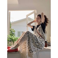 korean set Plus Size Women's Fat mm Vintage Cutout Lace Suspenders T-Shirt Set Dress Vest Skirt Resort Maxi Skirt Summer