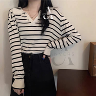 ANVERS | Women Petunia V-Neck Striped Korean Style Long Sleeve Shirt S0017