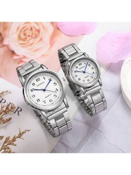 2 piezas Relojes de cuarzo de acero inoxidable para mujeres y hombres, reloj de pulsera plateado de moda informal para parejas, regalo