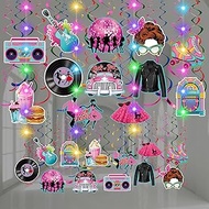 Skyygemm 56 Pcs 50s Hanging Decorations with Lights Retro Rock and Roll Hanging Swirls Music Record 