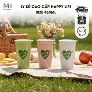 Happy Life ceramic cup with ceramic lid, Made4home decor tea and coffee drink - 450ml