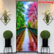 1pc, 2d flat printing Door Cover 70.9x 35.4in party banner Spring Blossoms Over Bridge 100% Polyeste