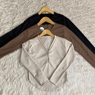 Kayla Long Sleeve Slim Fit Women's Long Knit Top in Brown and White with V-Neck Design