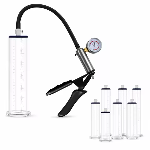 Adult Male Vacuum Suction Pump with Acrylic Chamber, Pressure Monitor, Manual Air Control and Person