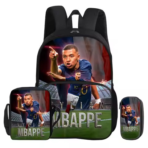 M-Mbappe 3Pcs set with Front Pocket Backpack Football Sports Shoulder Bags Football Star Pencil Bag