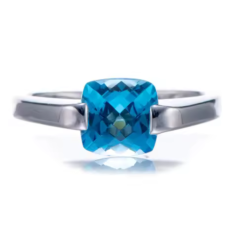 GESIDE 8mm Swiss Blue Topaz Rhodium Over Sterling Silver Ring