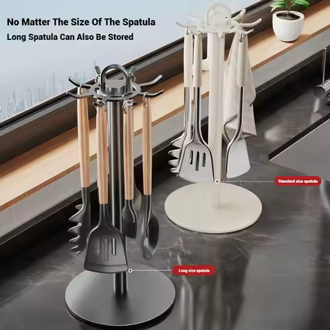 1pc Kitchen Rotating Spatula Rack Home Eight Hooks Kitchenware Holder Movable Cooking Utensils Stora
