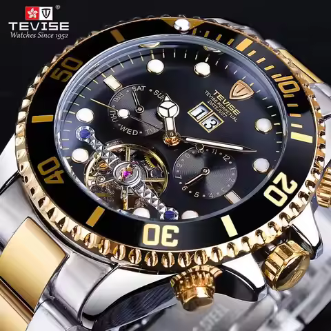 2025 Tevise Men's Luxury Automatic Watch Tourbillon Movement Green Sunray Dial Gold Stainless Steel 